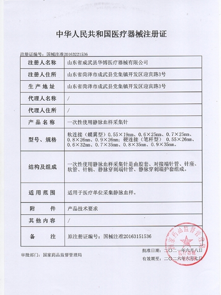 Medical device registration certificate of the people's Republic of China