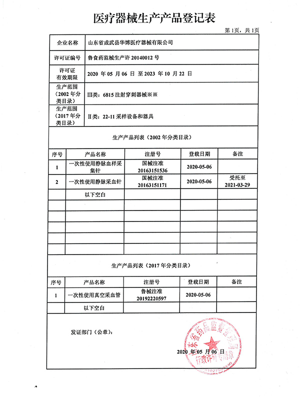 医疗器械生产产品登记表